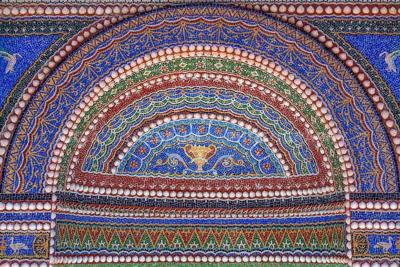 Mosaic details of the wall fountain inside the East garden at Ge